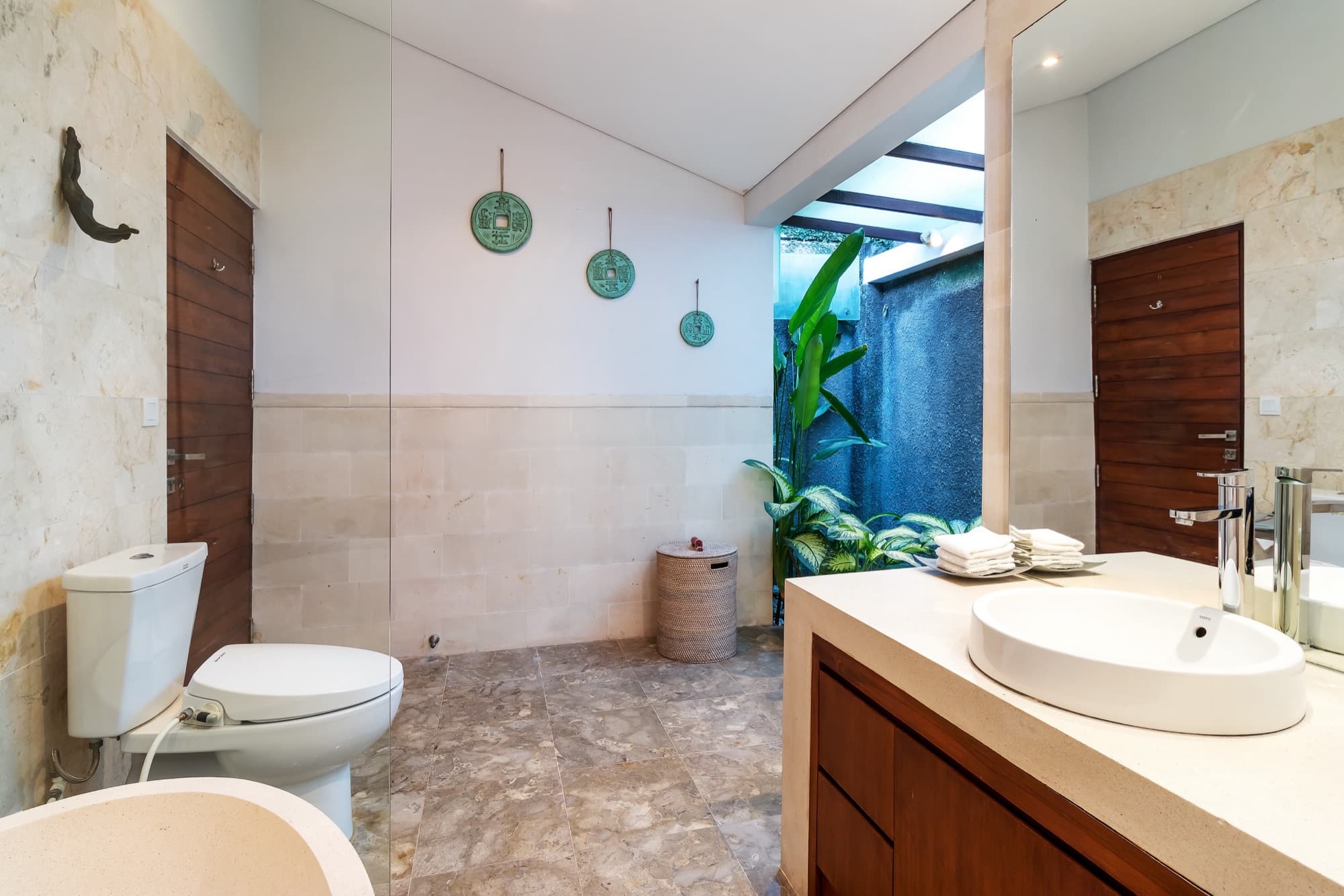 Villa Blue Bali — second ensuite bathroom with twin vanity and skylight to garden