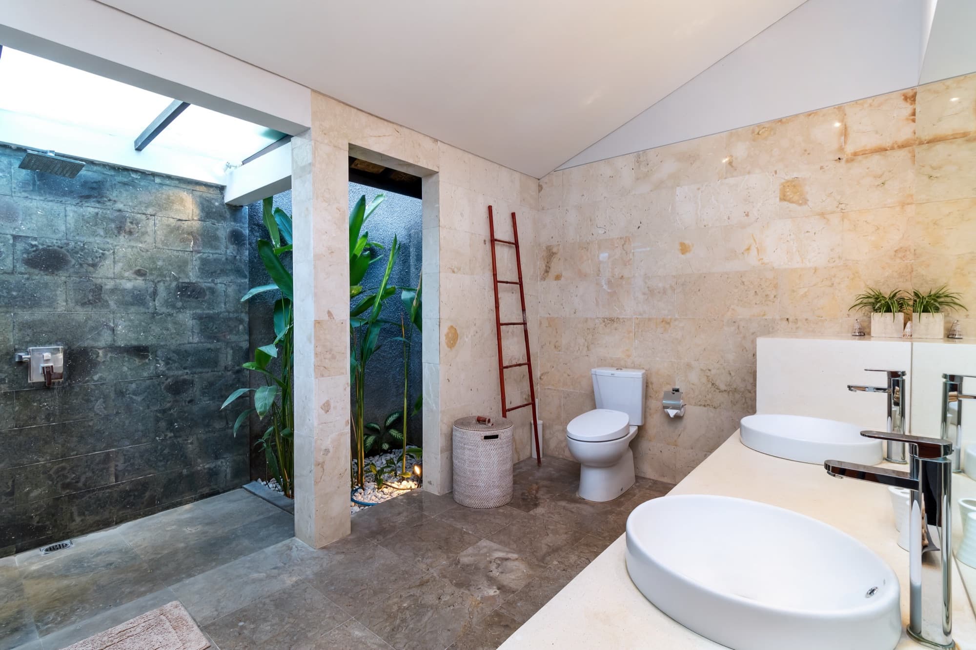 Villa Blue Bali — ensuite bathroom with open-air rain shower and double vanity