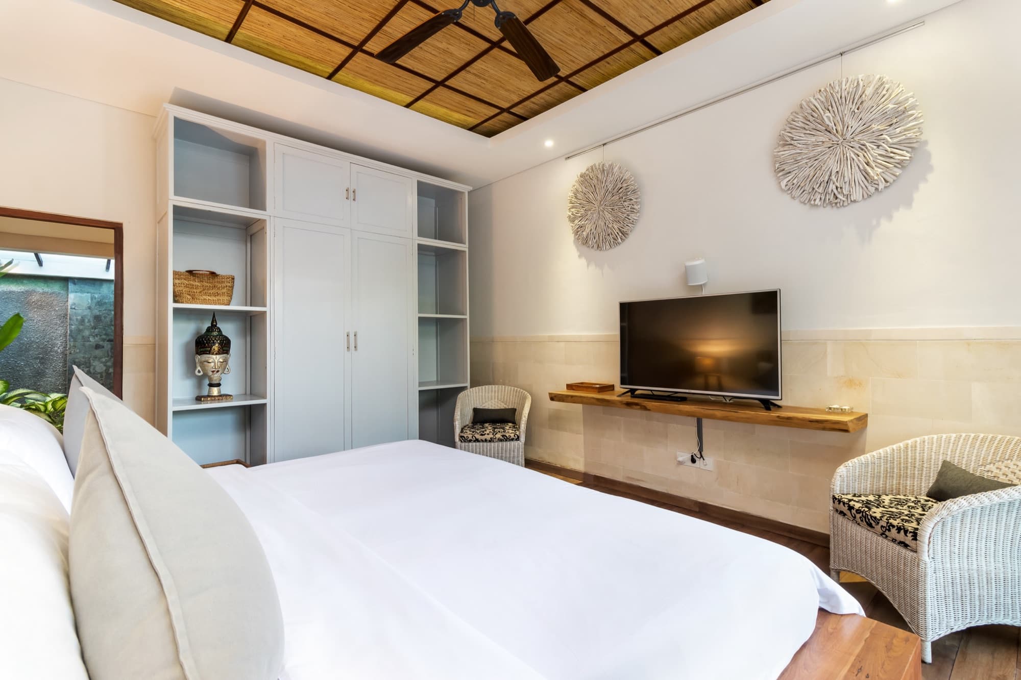 Villa Blue Bali — Bedroom 1 detail, woven ceiling and white linens